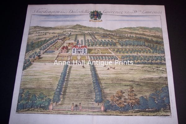Early 18th century nobleman's estate in Great Britain showing vast landscaped gardens and Mansion or country home. This is a birds eye view of Shurdington the Seat of Lawrence.