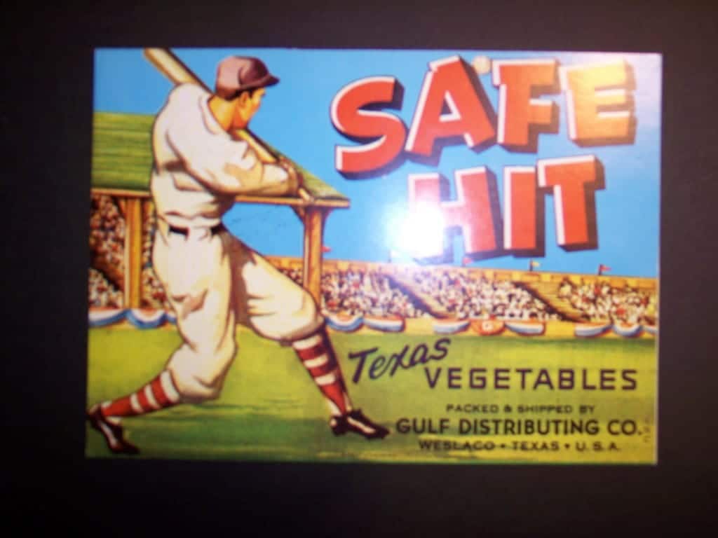 Old fruit crate label Safe Hit Baseball @ 5x*" $25.