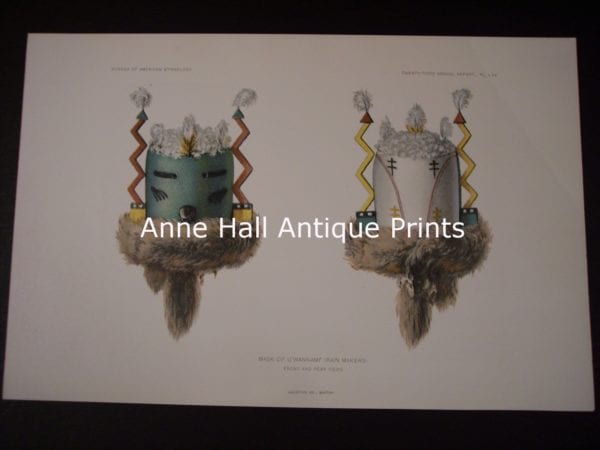 #9906, American Indian, Head dresses and katchinas, old bookplates, from the BAE. American antique lithograph. produced for the US Bureau of American Ethnology.