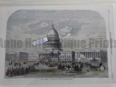 Capitol Washington United States. A magnificent and important hand colored wood engraving, from the Illustrated London News 1859. Excellent condition. 11x16" 