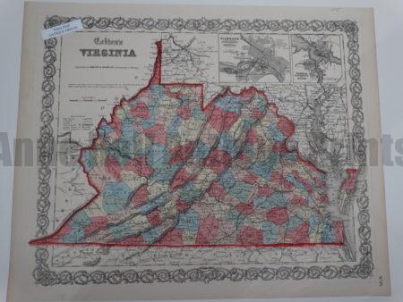 Colton's Virginia Johnson & Browning 1855. Showing the states of West Virginia and Virginia as one sate of Virginia. A beautiful brightly hand colored steel plate engraving published in New York 1855. Superb condition and color.