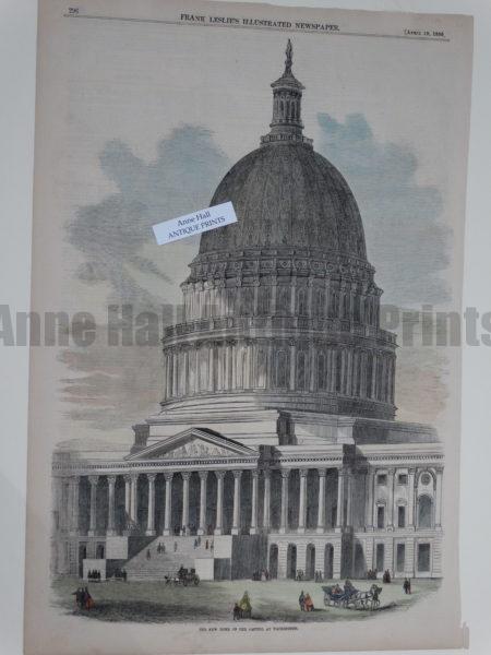New Dome Capitol Washington DC1886. A superior hand colored wood engraving from Frank Leslie's Newspaper 1856.