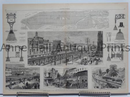 Detailed 19th century wood engraving with insets of elevated trains in NYC.