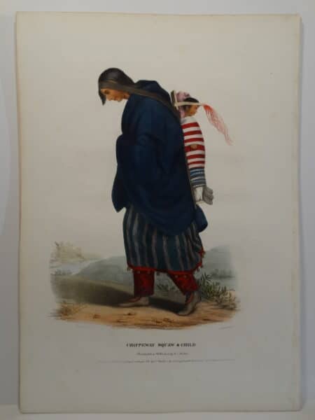 1837 folio American Indian lithograph of woman with child in papoose in striking watercolors.