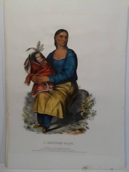 1836 hand colored lithograph of American Chippewa woman with child wrapped in blanket.