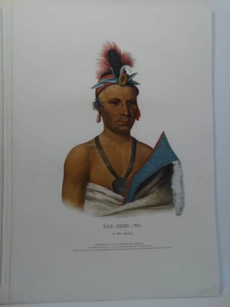 1838 folio American Indian antique lithograph, by McKenneyHall, of KEE SHES WA Fox chief, with war club or axe.