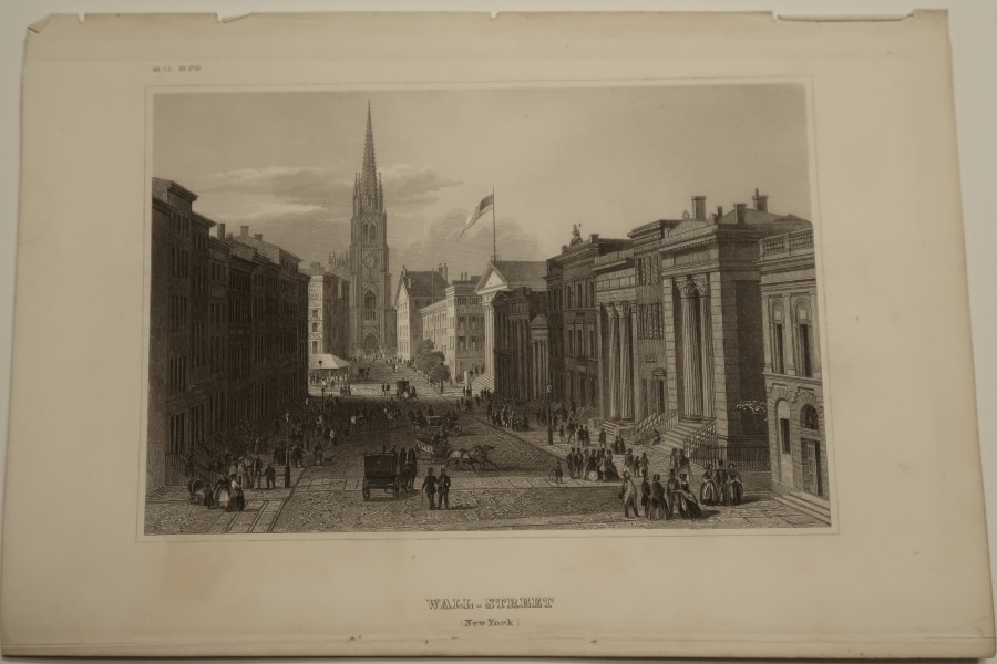 Meyers Engraving Wall Street published circa 1850, of Wall Street with many people outside and on the streets. The New York Stock Exchange is light by sunlight.