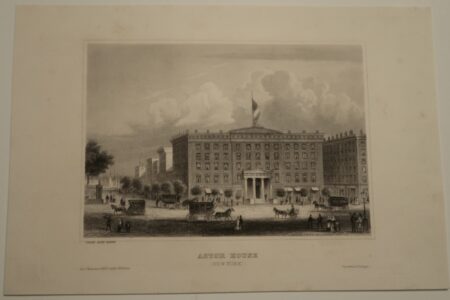 A rare, approximately 170 year old engraving of the (palace like) Astor House, New York City, with horses and carriages everywhere.