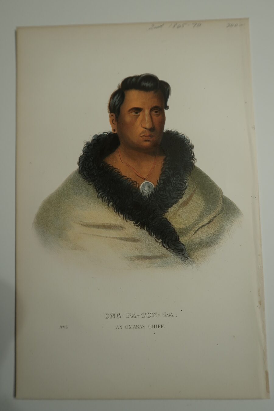 American Indians Antique Lithographs, Ong-Pa-Ton-Ga, is an Omakas Chief. Blanket indian, buffalo trim, wearing medal, 2nd edition, no.15.