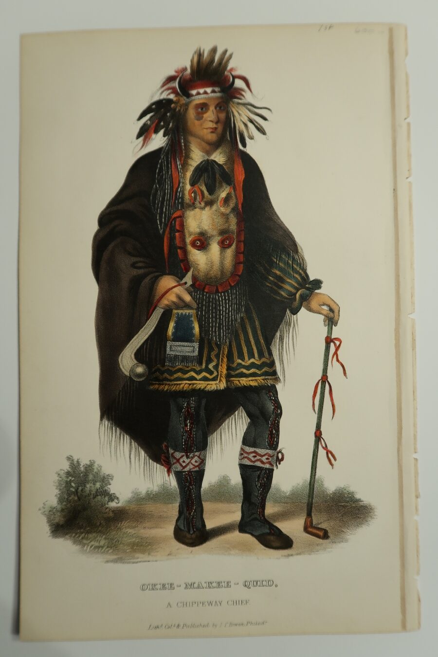 OKEE-MAKEE-QUID, is a Chippeway Chief. original watercolor lithograph, no.106 Rice, Rutter & Co. Full length, stunning chief with gun.