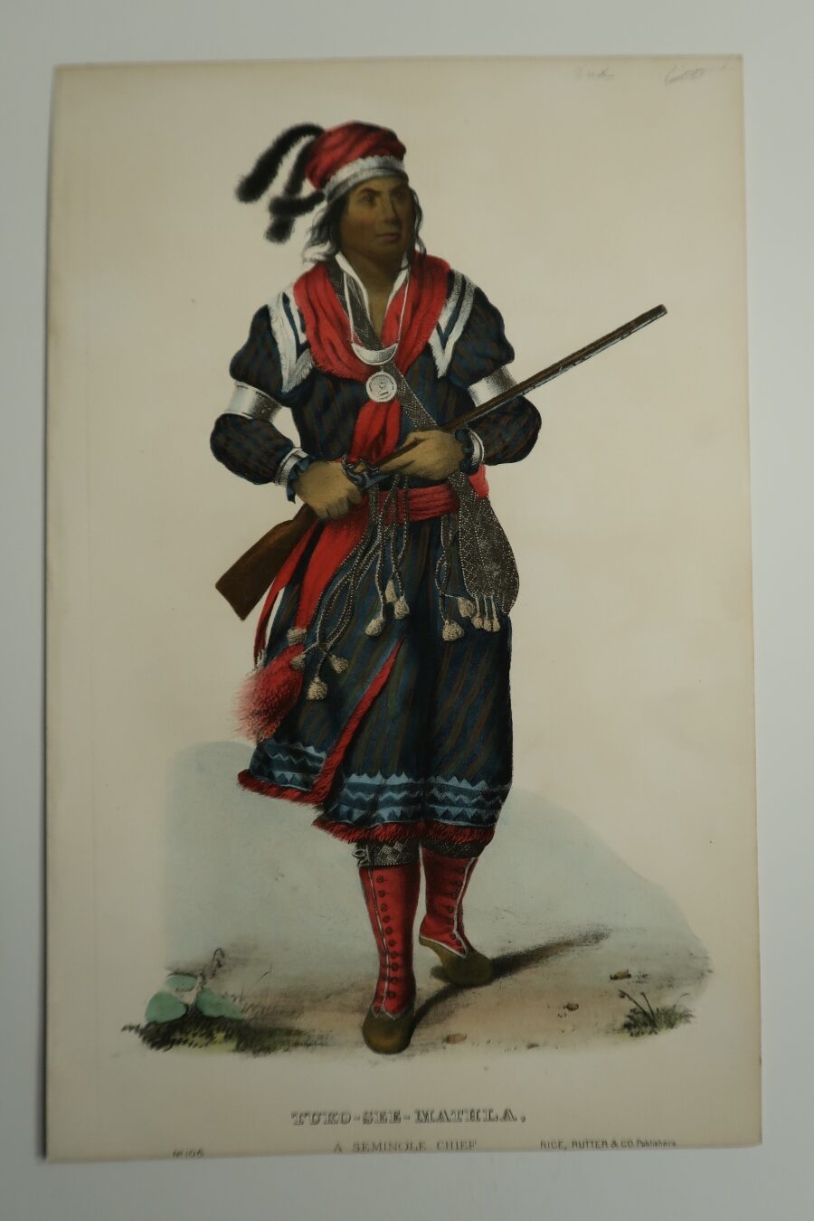 TUKO-SEE-MATHLA Seminole Chief. Hand-colored lithograph, over 100 years old, full length, Seminole indian..