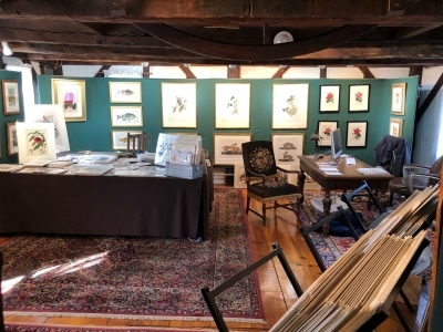 Photo of the interior of Antique Prints Gallery. One of best of Newport RI antiques shops. Lots of rare old maps. Decorative natural history engravings & lithographs over 100 years old. On historic Bowens Wharf.