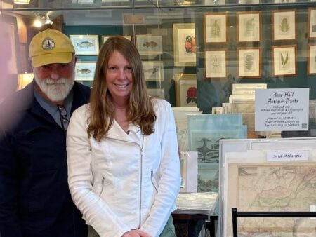 The lovely Anne Hall, of Anne Hall Antique Prints and Maps, in the Gallery Newport Rhode Island. Anne Hall, with her husband Mark Brady. They love old prints maps and rare books, almost all 100 years old and up to 350 years of age.