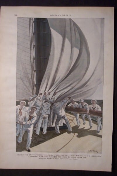 Aboard the Cup-Defender "Columbia": Drilling the Crew- Taking in the Spinnaker, Showing How the Hatches Are Used to Stow Away Sail, c.1900.