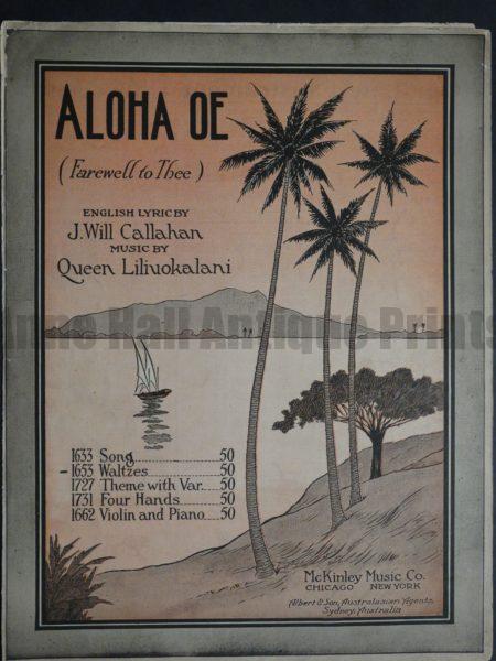 Rare hawaiian sheet music with palm tres on cover. Aloha Oe, 1916.