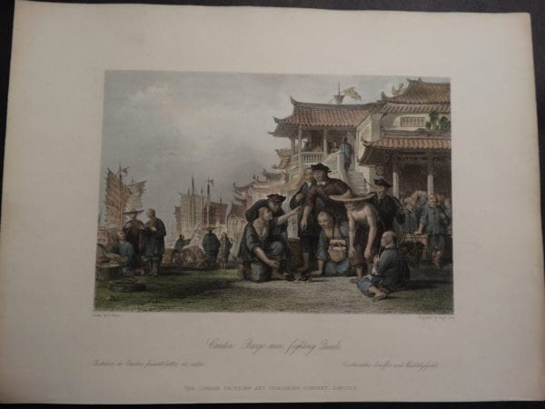 DSC02397 Canton Barge-men, fighting quails.. Thomas Allom 1855 hand colored engraving $150.
