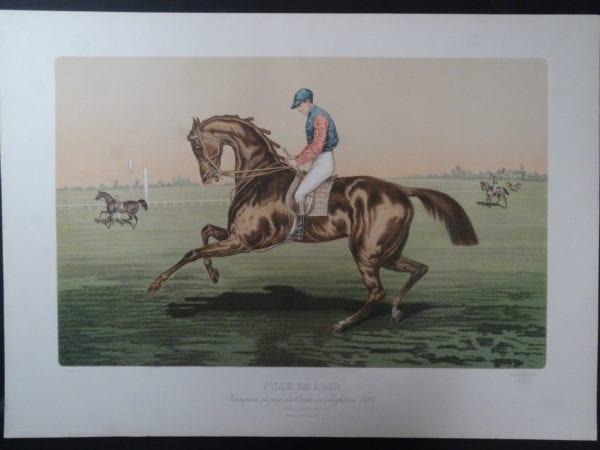 Fille De L'air, is a lovely 1930's French lithograph, poster size. Galloping race horse & jockey.