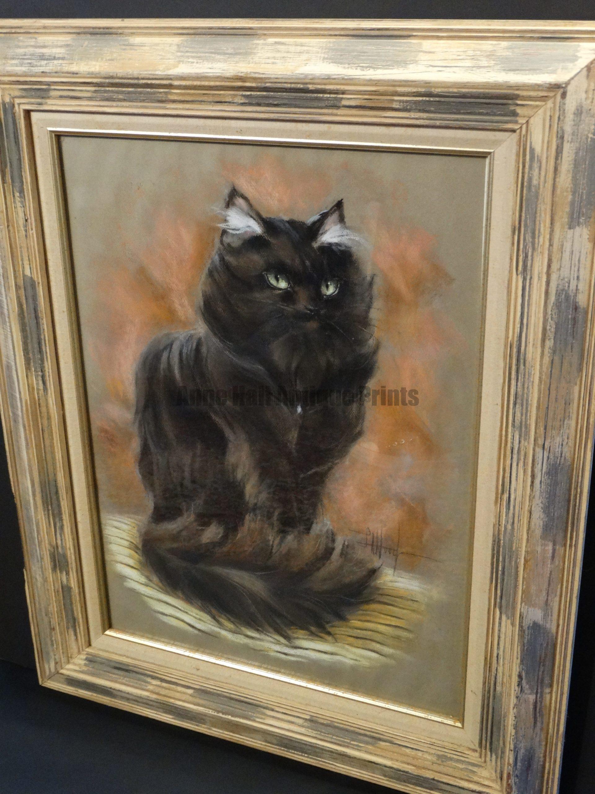 Greater Eastern Moon Cat, Cat Pastel by LA Hood. Vintage, frame is right out of the '60s. Framed. 26" x 32" Sold with Moon Over Waikiki Cat Pastel, $1650. for the pair.