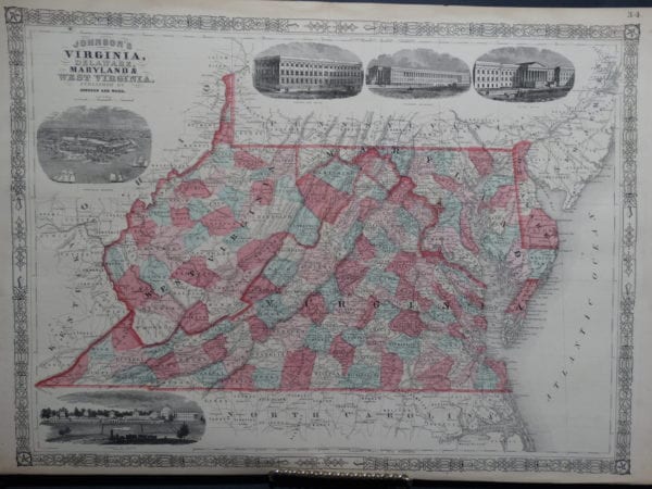 Johnson's Virginia, Delaware, Maryland, and West Virginia 1864. $275. 18" x 26.5"