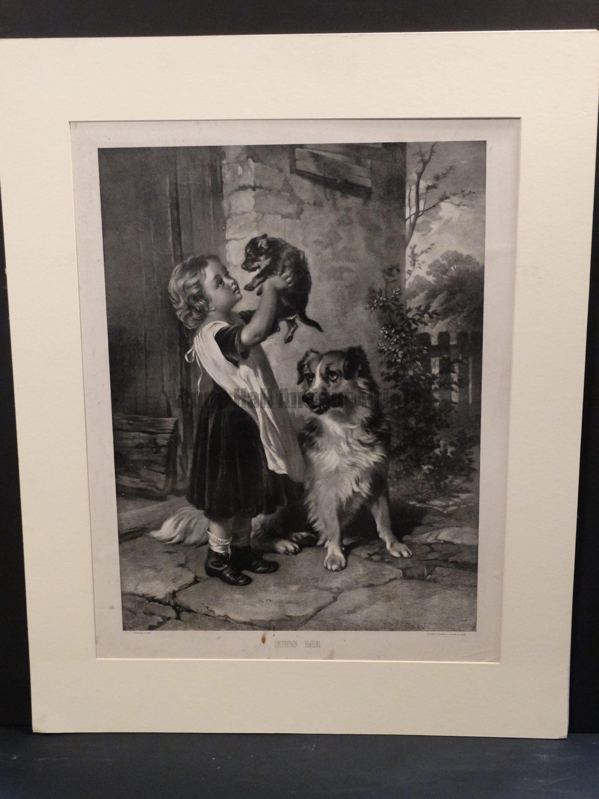 Kiss Me, Matted, Charming Antique Lithograph Dogs. Photolithograph, painted by Geo A Holmes. Published by the Crowell and Kirkpatrick Co. NY and Chicago.
