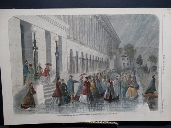 Harper's Weekly Hand Colored Wood Engraving. Lady Clerks Leaving the Treasury Department. February 18, 1865. 