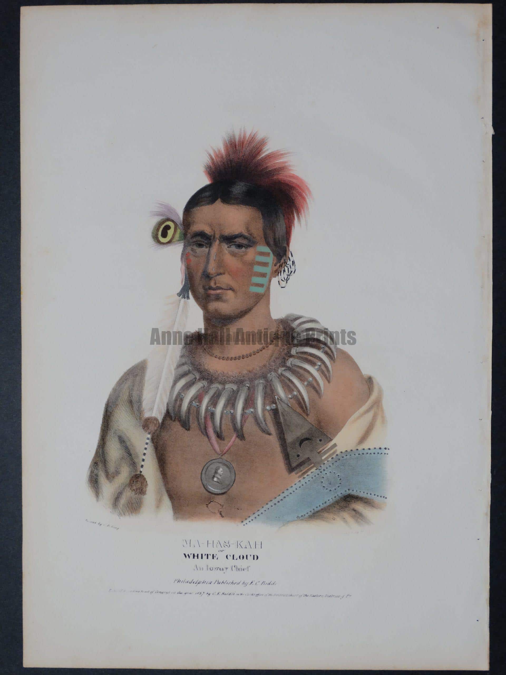Ma-Has-Kah, or White Cloud, is an original folio McKenney and Hall. Hatchet, medal, and bear-teeth. Almost 200 year old. hand-colored lithograph, Indian Tribes of North America.