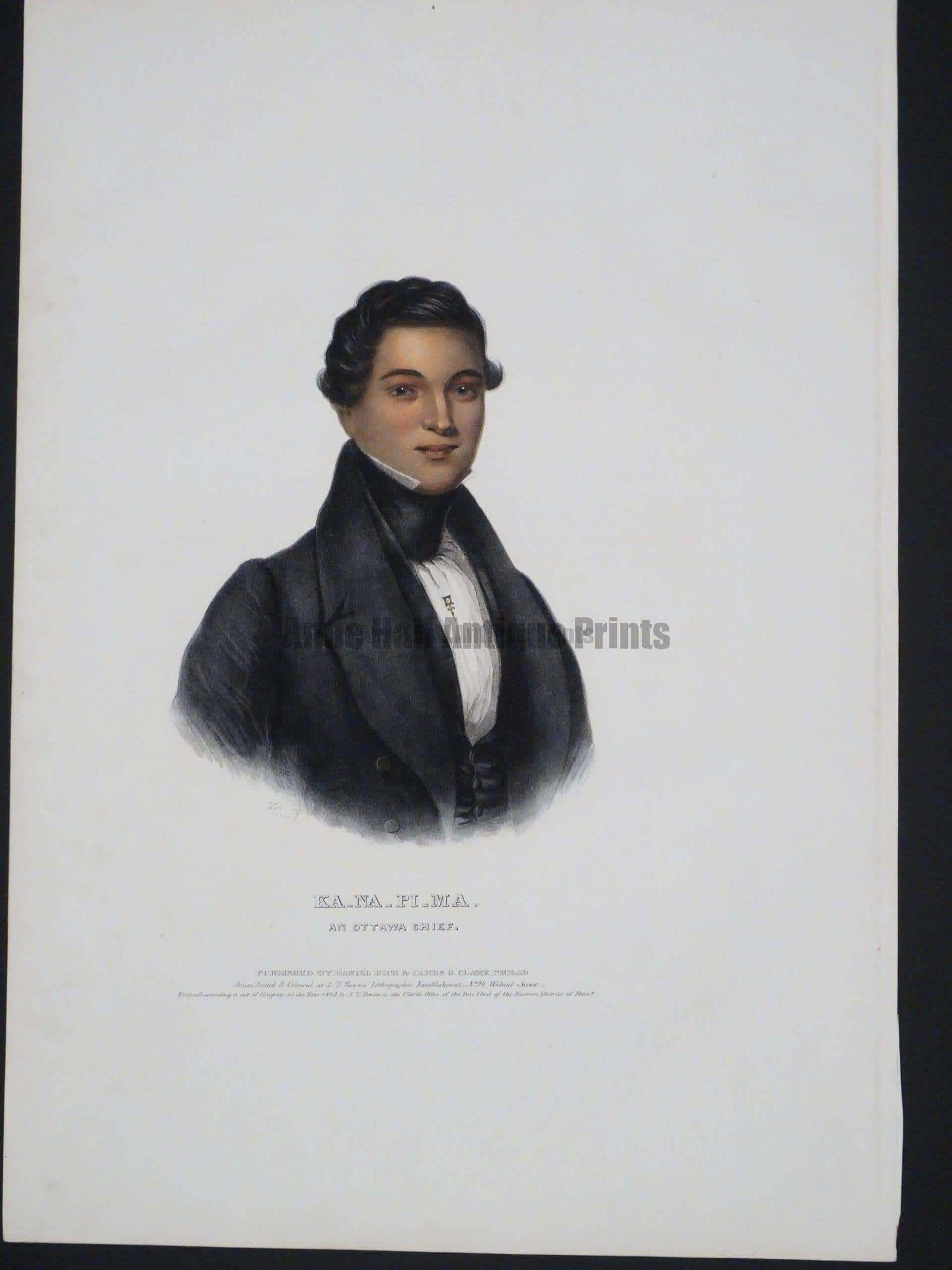 McKenney Hall Ka-Na-Pi-Ma, An Ottawa Chief,  folio bookplate from 1832-1837.