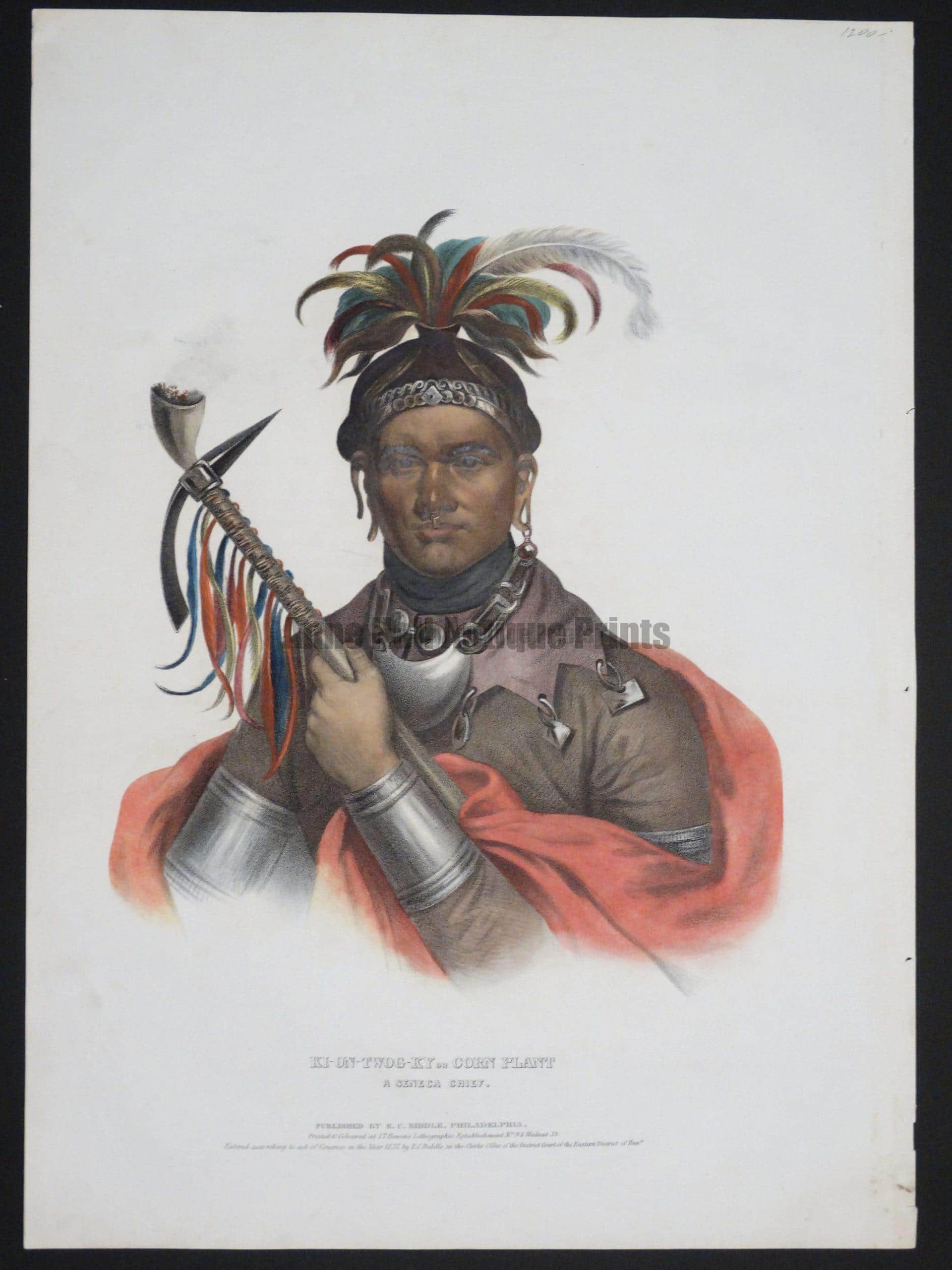 McKenney Hall Ki-On-Twog-Ky or "Corn Plant," stunning 200 year old lithograph of Seneca Chief, holding a feathered pipe and ornate feathered head-dress.