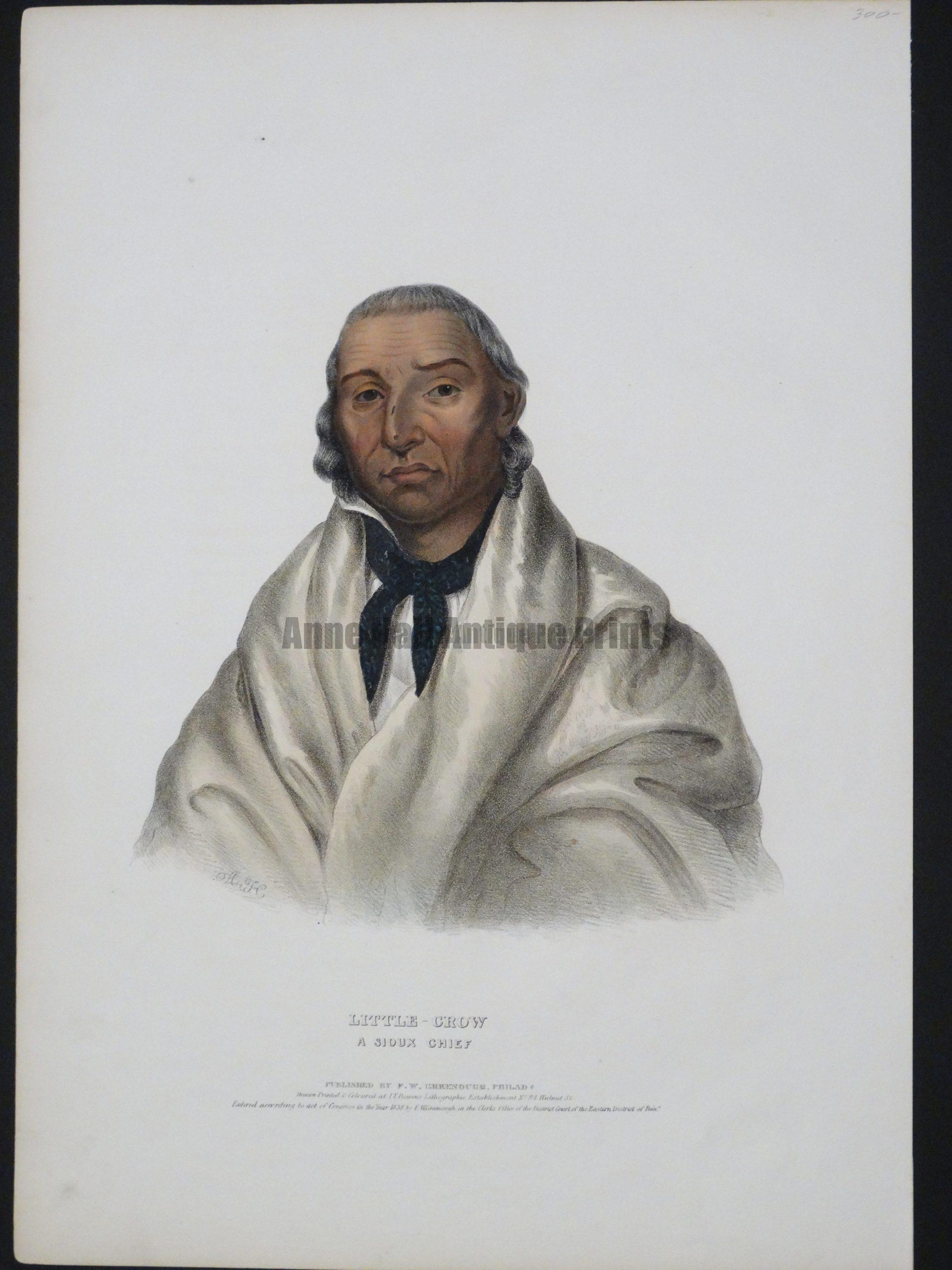 McKenney Hall, nearly 200 year old antique lithograph.  Little-Crow is a Sioux Chief, a folio hand-colored lithograph, with American-Indian blanket.
