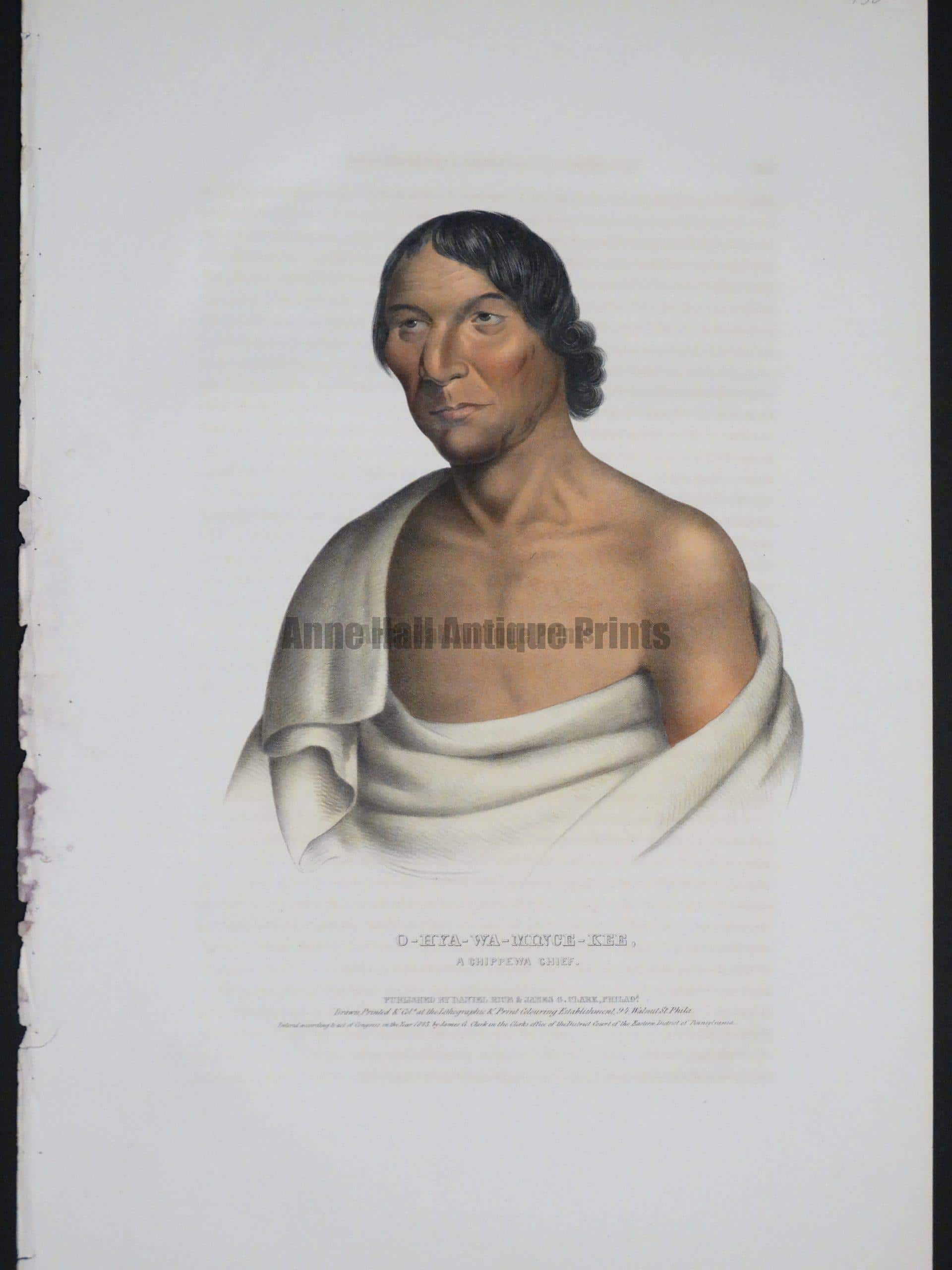 McKenney Hall - O-Hya-Wa-Mince-Kee, A Chippewa Chief, a blanket warrior. American 1830's lithograph.