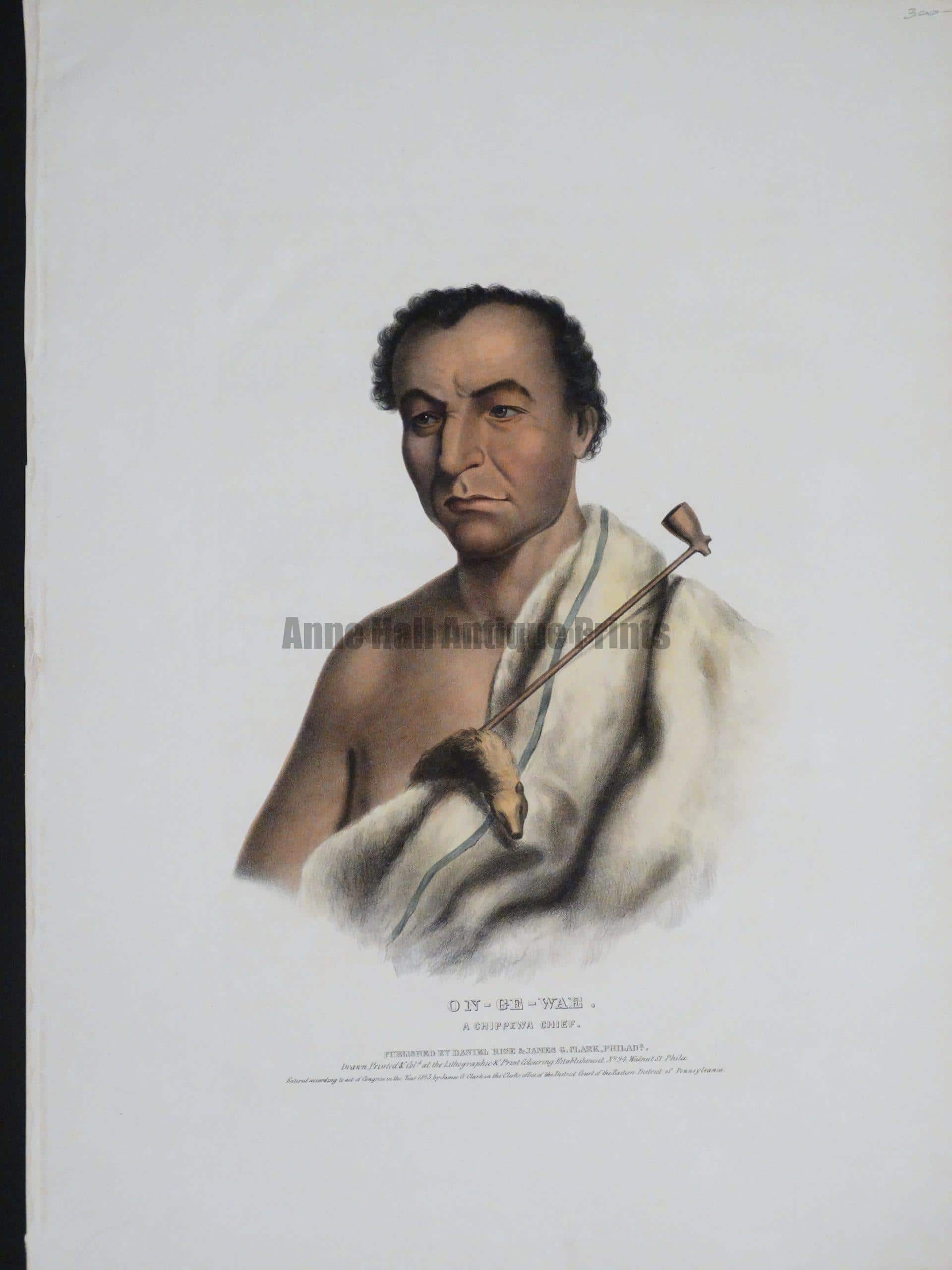 Original folio hand-colored lithograph, of McKenney Hall - On-Ge-Wae, A Chippewa Chief,