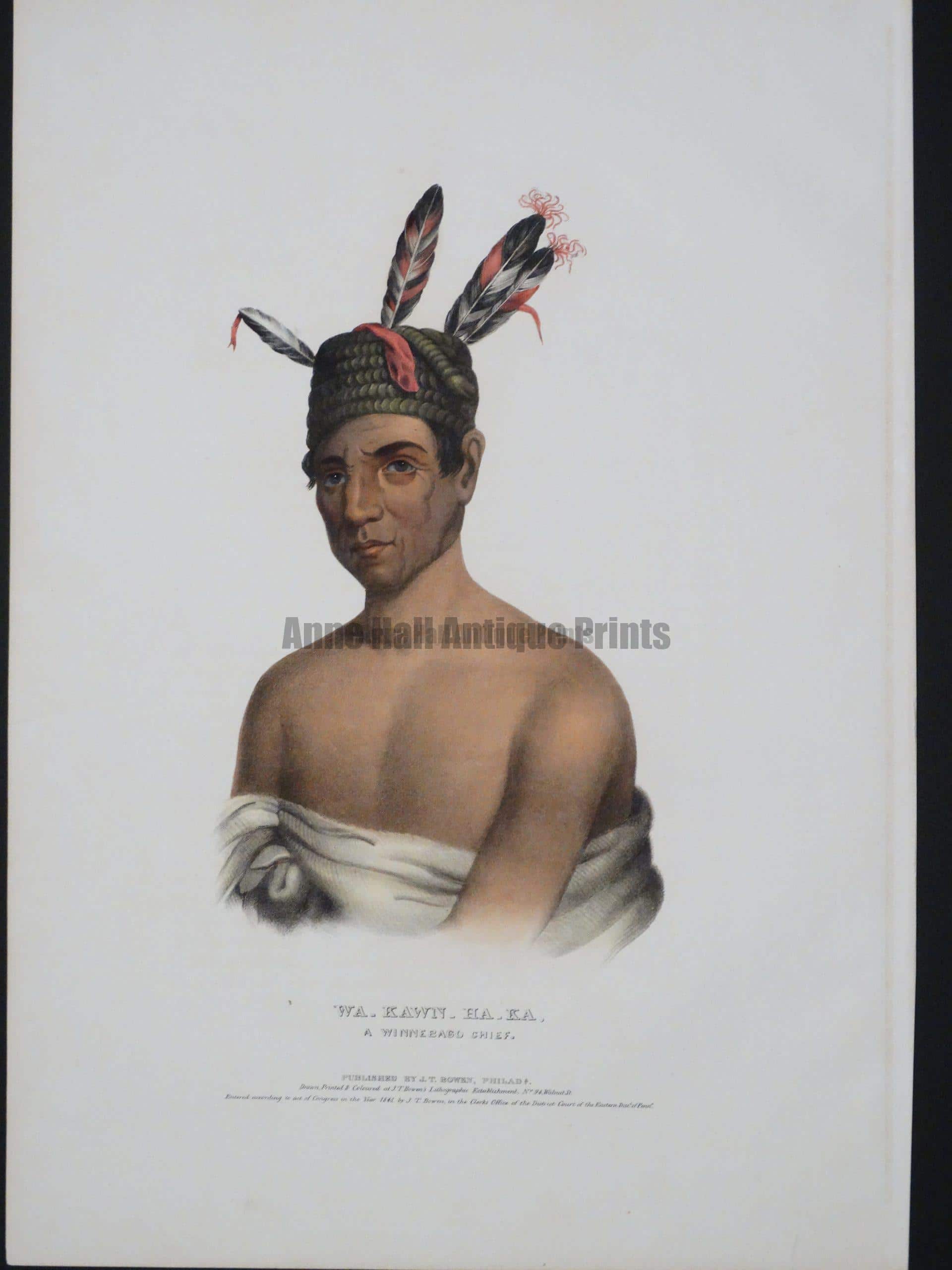 An original hand-colored lithograph, American-Indian, folio McKenney & Hall. four feathers up, in head-dress. "Blanket warrior"
