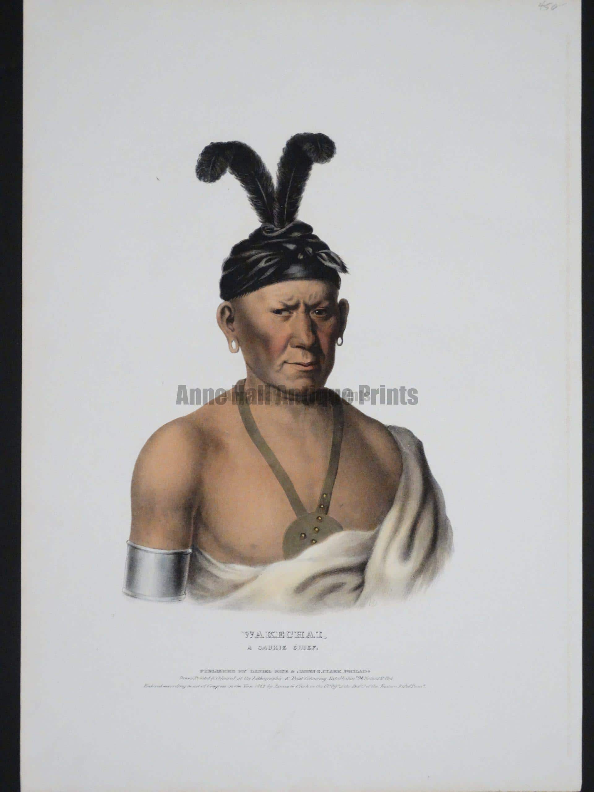 McKenney Hall - Wakechai, large 1830's lithograph, the art is of Saukie Chief, 2 feathers up & medal.