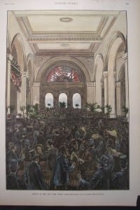 19th century watercolor engraving of New York Stock brokers on the floor in the Exchange.