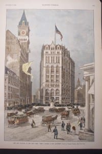 19th century engraving of the New York Times newspaper building in Manhattan.