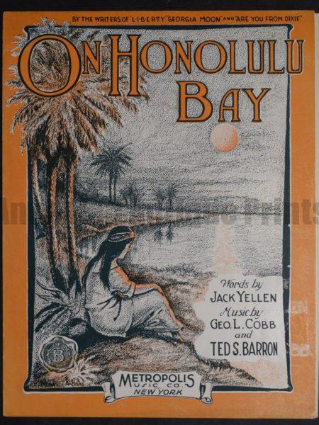 On Honolulu Bay, 1915. Rare Hawaiian history sheet music with stunning colors & beach scene from 1915.