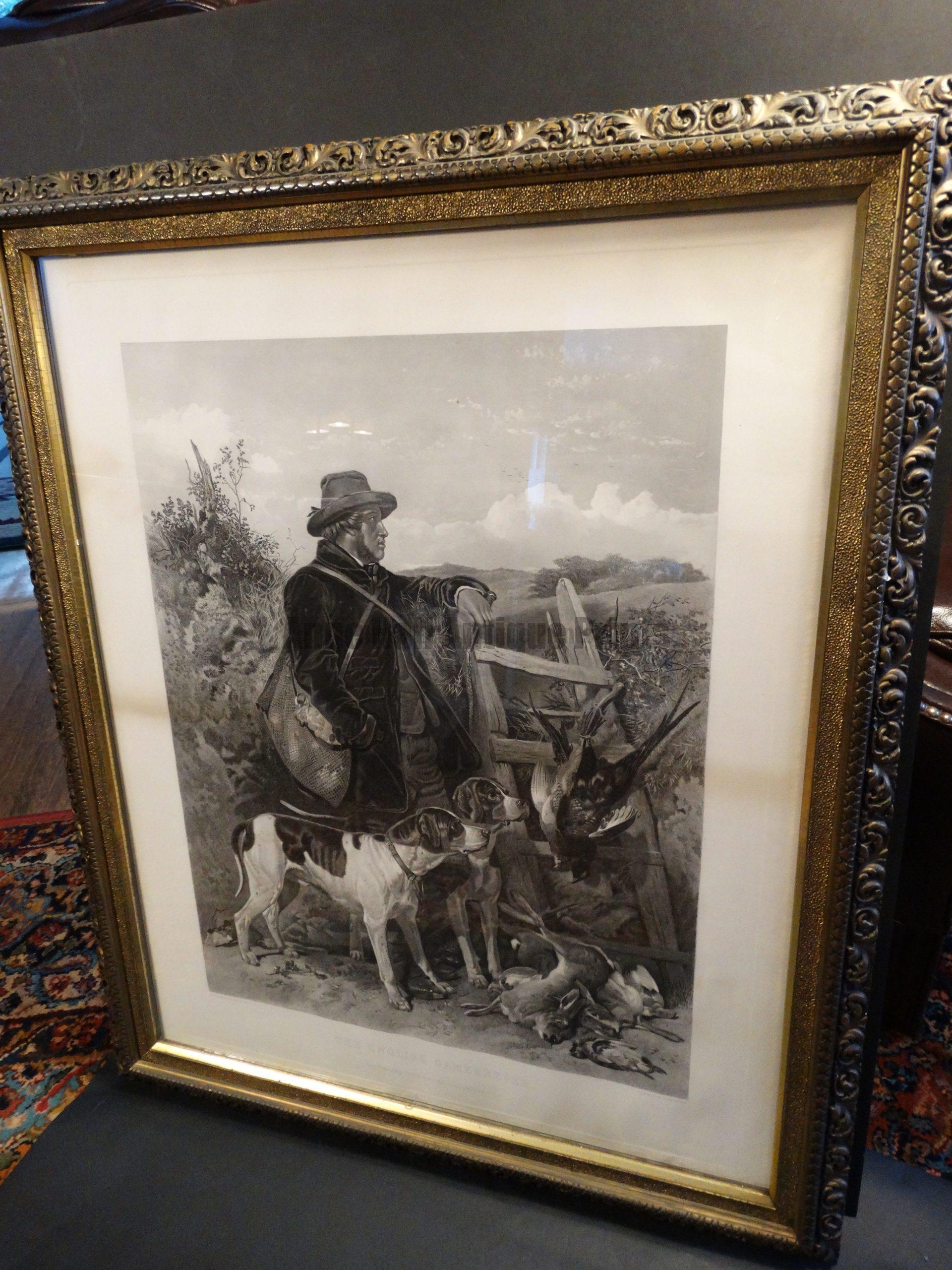 The English Game-Keeper.  Steel plate engraving, painted by Richard Ansdellara, Engraved by F. Stackpoole. Framed, 30.5" x 37" Sold with the Scotch Game Keeper as a pair.  