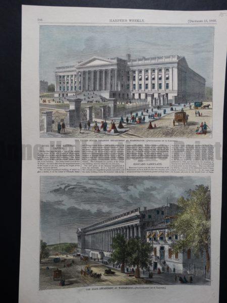 Hand Colored Wood Engraving from Harper's Weekly. United States Treasury Department, State Department. December 15, 1866. 11" x 16" 