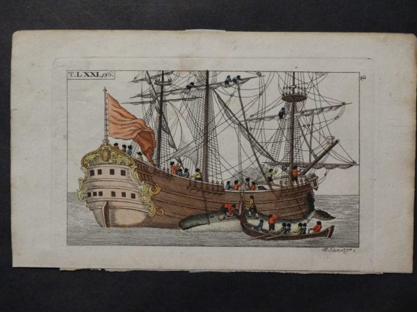19th century engravings of whaling ships and whaleboats with oarsmen.