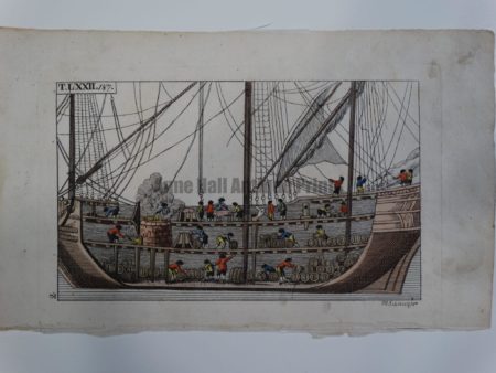 Wilhelm Whales T.LXXIL is a sourced bookplate from 1810-1821. The miniature, eighteenth century engraving, depicts interior of a whaling ship & refinery.